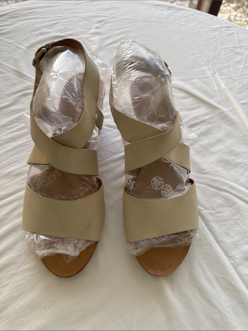 Franco Sarto Light Beige Crisscross Strap Wedge Sandals
